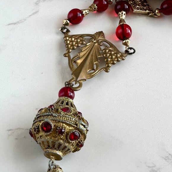 Vintage Red Glass Bead Necklace, Filigree Drop Pendant - Picture 5 of 12